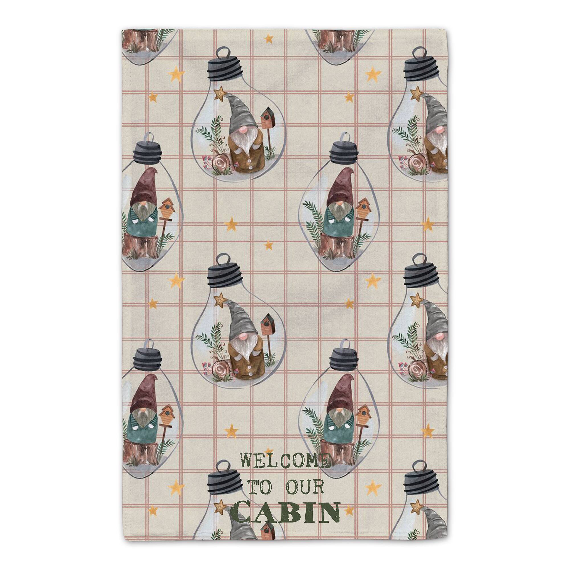 Welcome to our Cabin Cream and Red Check Gnome Globe Pattern Tea Towel - Set of 2